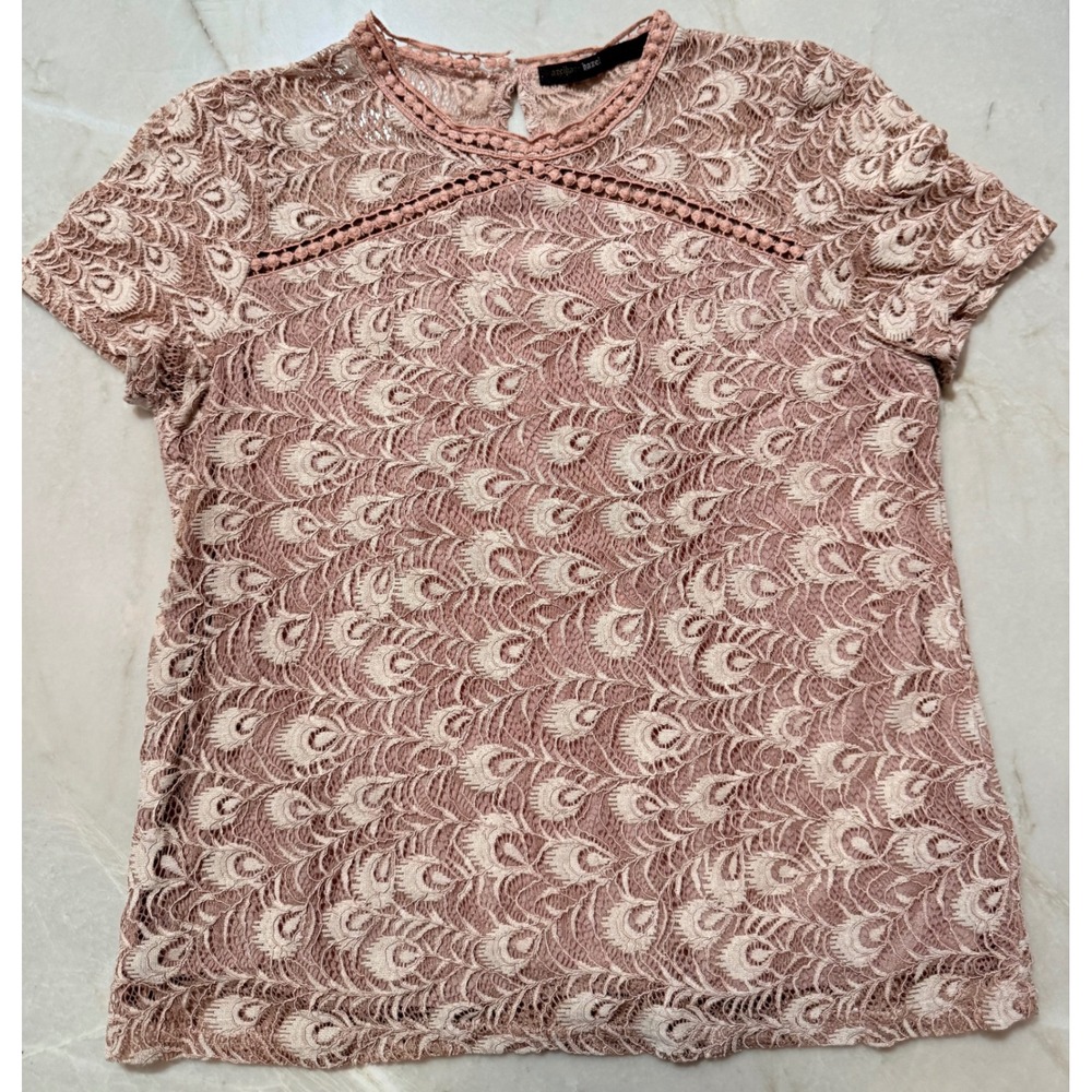 Hazel Dusty Rose Lace Peacock Feather Top Pom Pom Trim‎ Short Sleeve Small #107